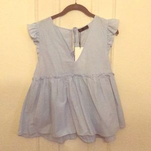 Zara Light Blue Ruffle Sleeve Peplum Top